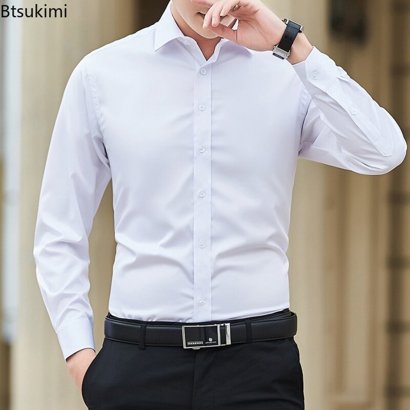 Camisa de negócios de manga comprida sólida masculina, clássica, fina, blusa formal, vestido da moda, tamanho grande, 5XL, 2024