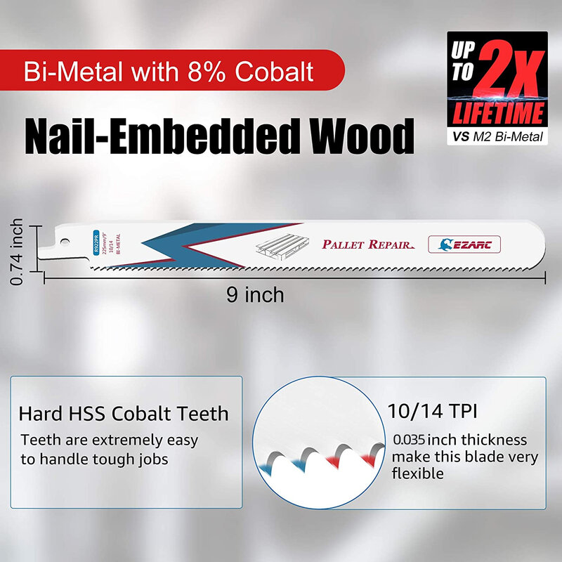 EZARC Reciprocating Saw Blades Set Bi-Metal with Cobalt for Nail Embedded Wood, Pallet Repair, Multi-Purpose Demolition 10/14TPI