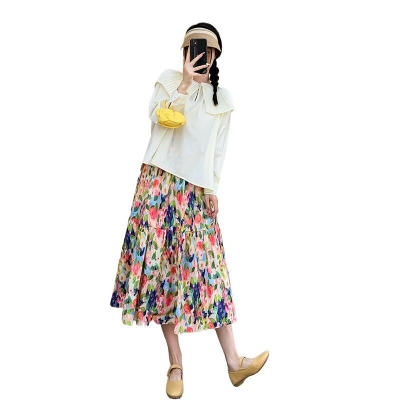 Женское винтажное платье средней длины, хлопковая юбка с принтом в виде листьев лотоса, комфортная юбка с боковыми вставками, весна 2019