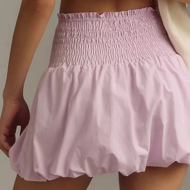 Women's Summer Solid Color Mini Bubble Skirt Back Shirred Elastic Waist A-Line Puffball Skirt for Party Club