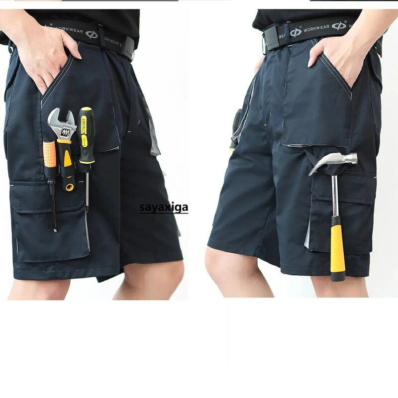 Celana kargo pria kain katun poliester untuk Repairman celana kerja pendek mekanik dengan alat multifungsi saku warna Solid