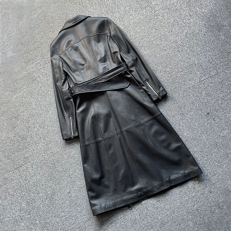 Zíper assimétrico jaquetas de couro feminino outono terno gola cinto fecho da cintura fino pele carneiro longo zip motocicleta trench coats