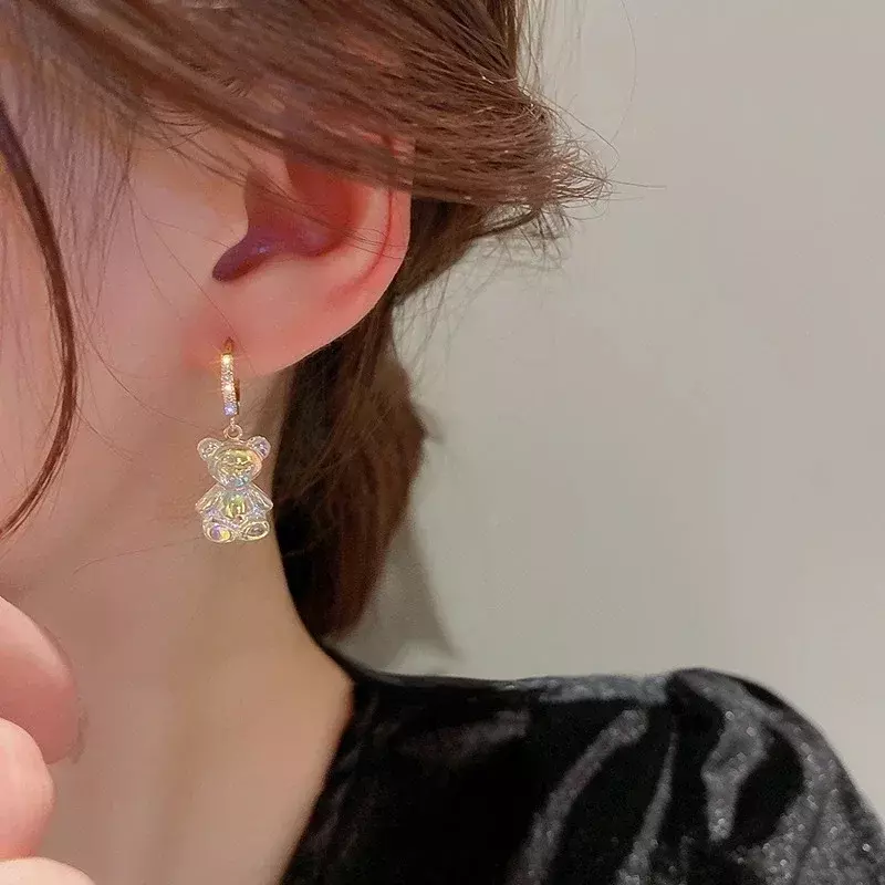 Brincos de goma de acrílico doce Dangle para mulheres, arco-íris Bear CZ Hoop, Sweet Girl Jewelry, bonito moda coreana, 2022