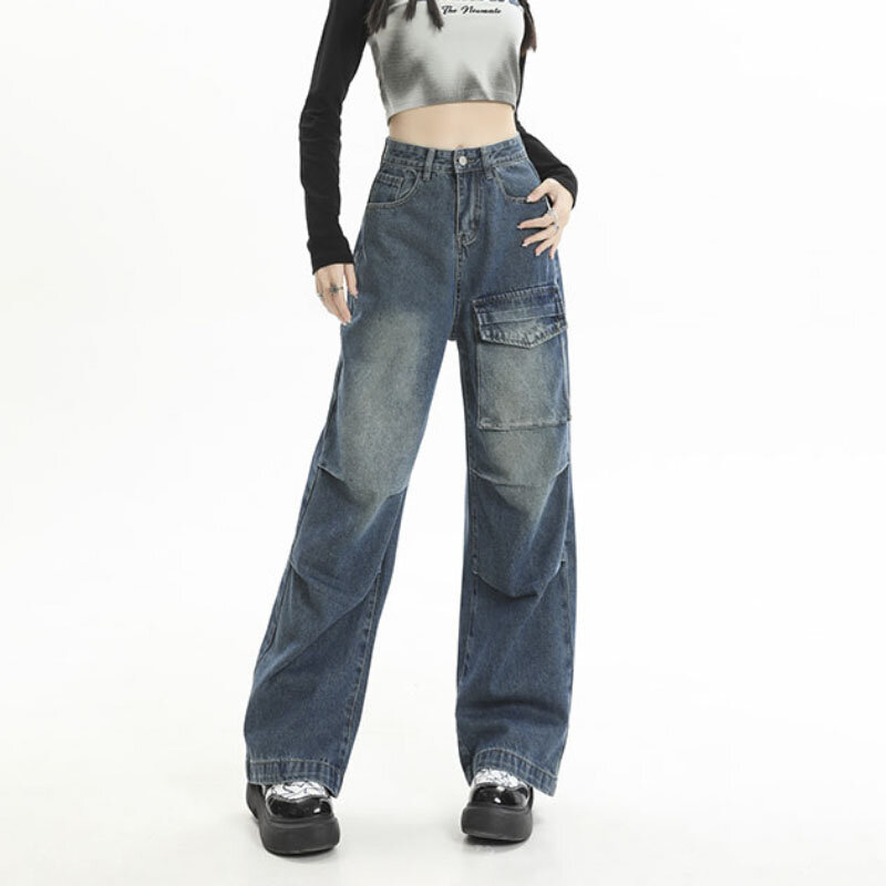 Punk Fashion Streetwear tasche Y2k Pant vita alta Jeans larghi a gamba larga donna Harajuku Grunge Pantalon