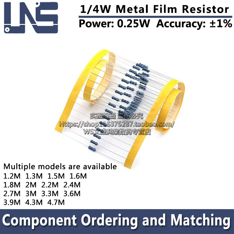 Resistor de película metálica, 100 piezas, 0,25 W, 1/4w, 1%, 1,2 M, 1,3 M, 1,5 M, 1,6 M, 1,8 M, 2M, 2,2 M, 2,4 M, 3M, 2,7 M, 3,3 M, 3,6 M, 3,9 M 4,7 MOhm