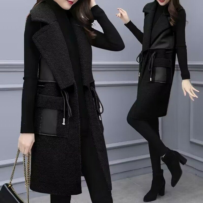 2024 Autumn Winter New Leather Vest Coat Long Lambwool Sleeveless Waistcoat Fashion Slim Female Vest Jacket 5XL