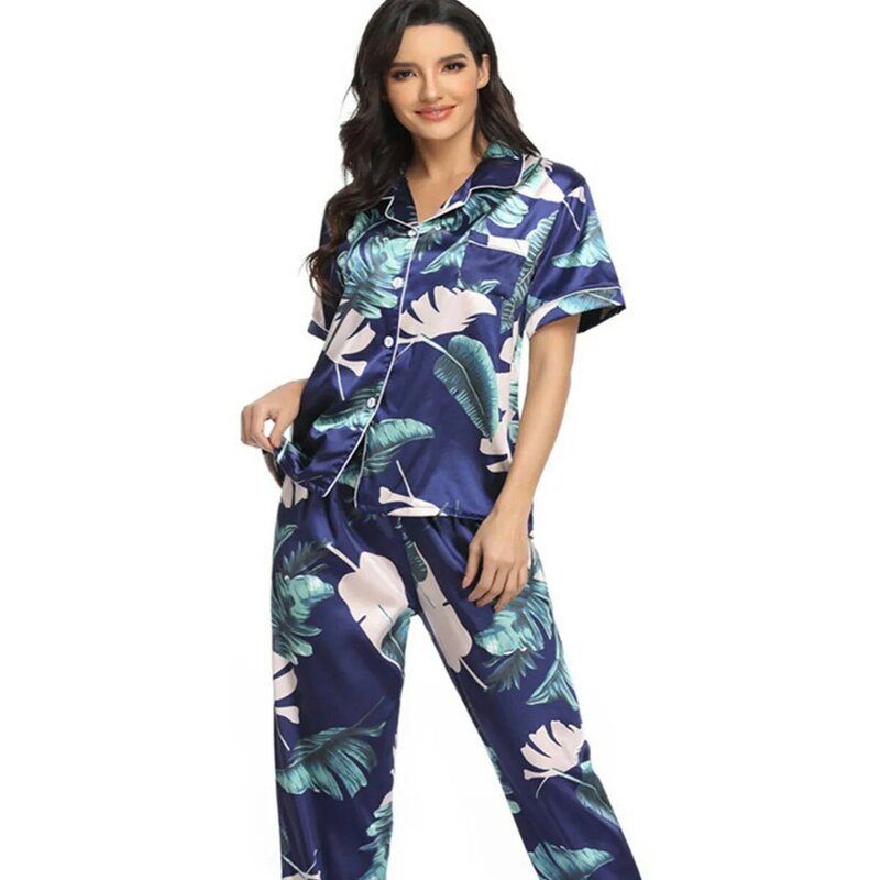 Conjunto de Pijama con estampado de 2 piezas para Mujer, ropa de dormir de satén de seda sintética, con botones, de manga corta, para primavera y verano