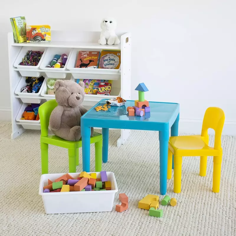 Meja Aqua & hijau/kuning anak-anak, Meja plastik ringan dan 2 kursi Set, persegi, Balita