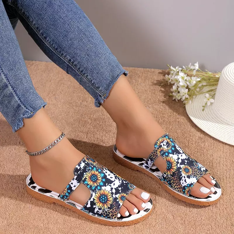 Zapatillas planas antideslizantes para mujer, zapatos informales con punta abierta y Tacón cuadrado, a la moda, para exteriores, novedad de verano