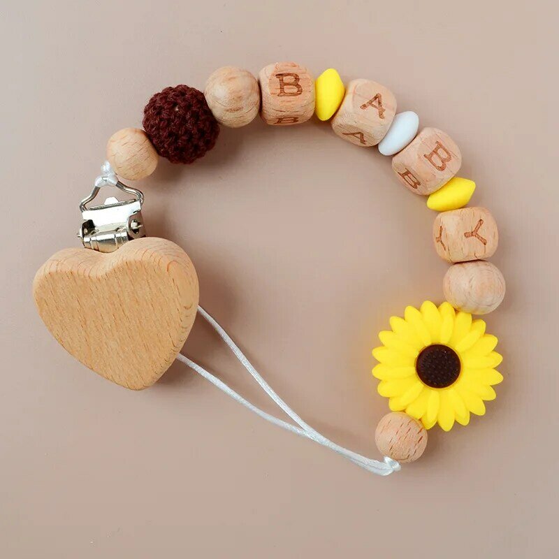 Baby Personalized Custom Name Pacifier Clips Beech Letter Beads Silicone Beads Anti-Lost Pacifiers Chain Toddler Teething Toys