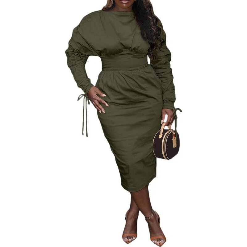 African Dresses for Women Spring 2024 Elegant African Long Sleeve O-neck Party Evening High Waist Drawstring Casual Midi Dresses