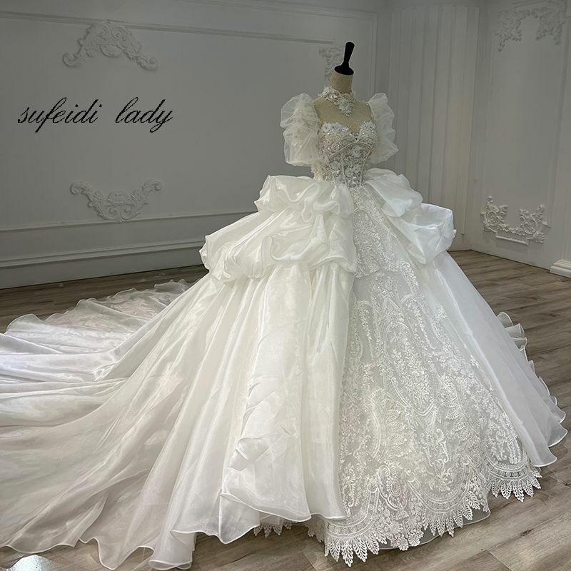 2022 Sweetheart Puffy Sleeve Backless Wedding Dress Bride Gown Lace Appliques For Women Made Robe De Mariee Customize