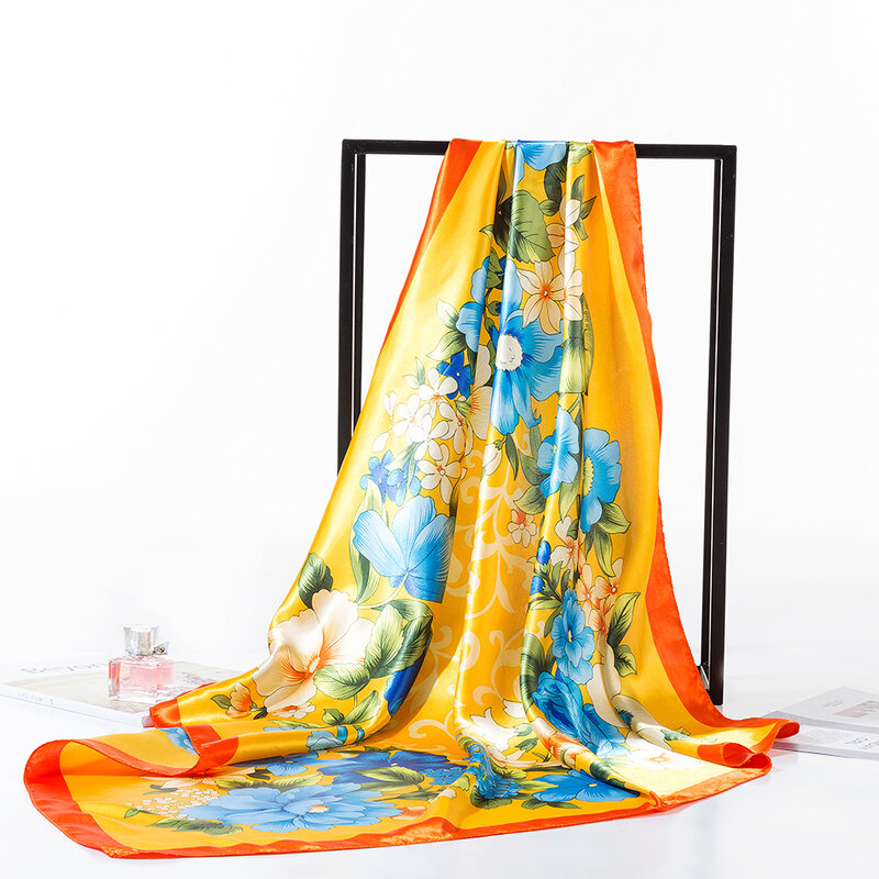 Bufandas de satén con estampado Floral para mujer, pañuelos cuadrados grandes, pañuelo sedoso para la cabeza, 90x90cm