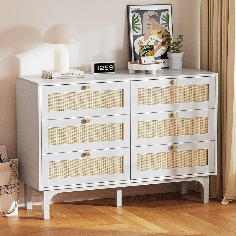 Rattan Dresser, 6 Drawer Dresser for Bedroom, Modern Dresser with Gold Handles, Long Dresser with Large Drawers