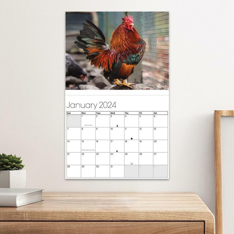 Calendario de pared de gallo divertido, calendario mensual de gallo grande, pared 2024, regalo de broma familiar