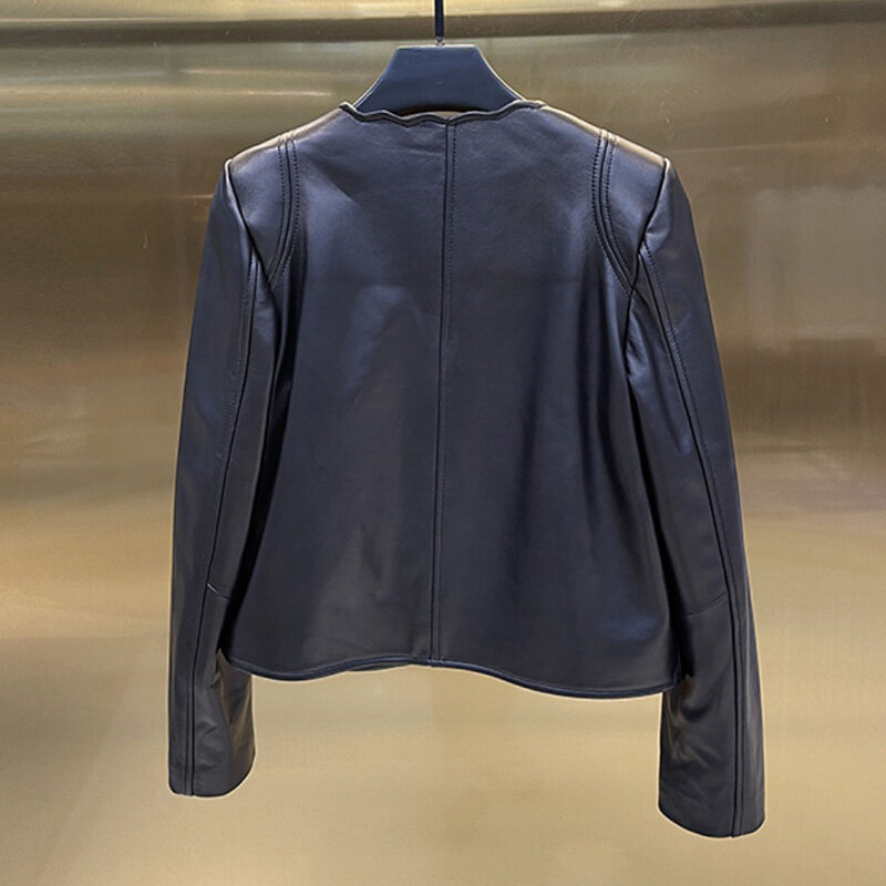 Jaket Kulit Wanita Baru 2022 Mantel Kulit Domba Asli Pendek Solid Dasi Gelombang Pakaian Luar Crop Mode Elegan Streetwear Musim Gugur AEL4939