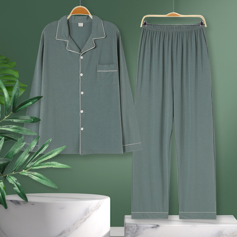 Conjunto de pijama de algodão puro masculino, cardigã todo de algodão, monocromático, mobiliário doméstico simples, outono e inverno, L a 5XL