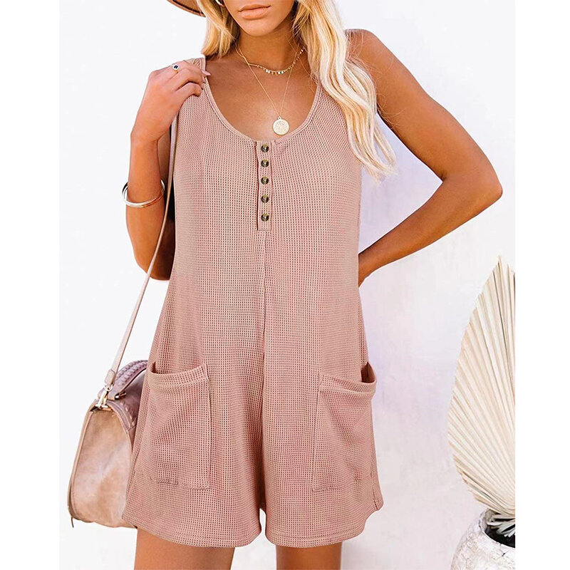 New Summer Women's Button Jumpsuit Overalls Short Loose Sleeveless Wide Leg Overall Solid Casual Daily Basic Romper with Pockets