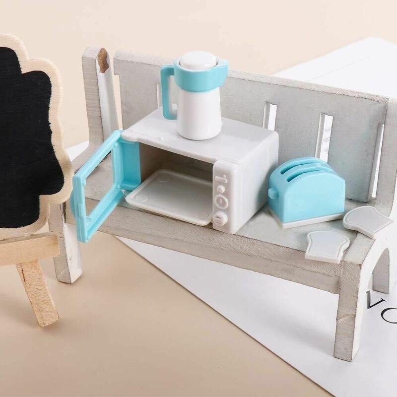 Simulado Móveis Chaleira Kit para Dollhouse, Miniatura Dollhouse Acessórios, Boneca de Cozinha, Mini Forno Microondas, Pão Maker