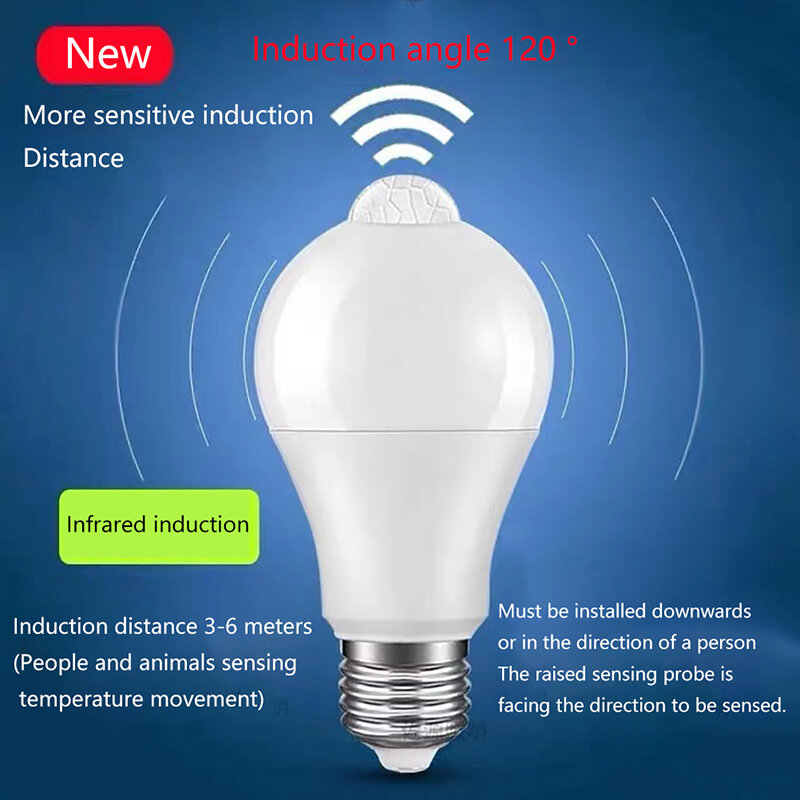 Lámpara con Sensor de movimiento PIR, bombilla LED para dormitorio y baño, luz nocturna, E27, 5W, 9W, 15W