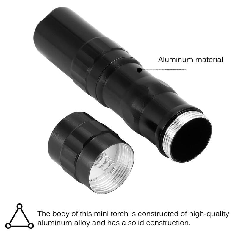 Mini linterna LED impermeable, aleación de aluminio, alimentada por batería, luz compacta, lámpara de trabajo negra, suministros de viaje