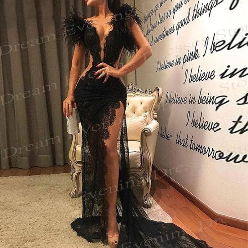Sexy Black Mermaid Temperamental Evening Dresses Sleeveless Lace Appliques V Neck Prom Gowns With High Side Split Robe De Soiree