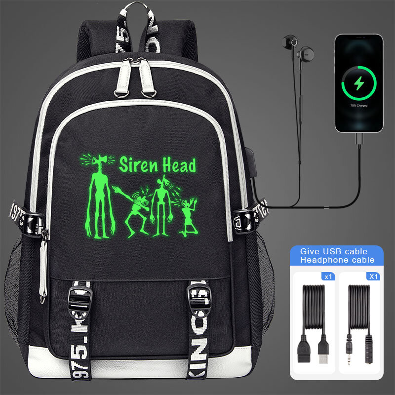 Tas sekolah menyala dalam gelap kepala sirene, tas ransel bahu pelajar anak laki-laki perempuan untuk remaja, tas ransel Laptop pengisian USB