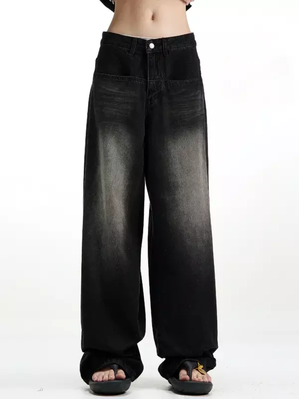 Новинка 2024, черные джинсы с высокой талией в стиле Харадзюку, уличная одежда, мешковатые джинсы, женские брюки в стиле хип-хоп, Осенние прямые широкие брюки для женщин