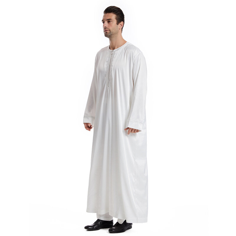 Muslim Fashion pria Jubba Thobe lengan panjang warna putih leher bulat Islami Arab Kaftan pakaian pria Abaya pakaian Islami