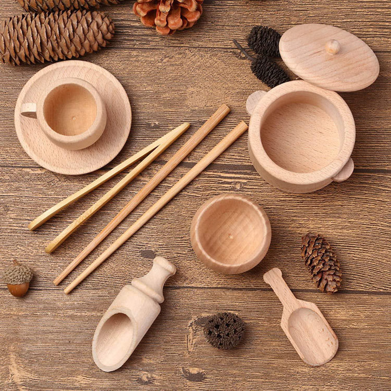 Montessori Open Material Wooden Tableware Chopsticks Clip Pot Bowl Food Toy Set Sensory Touch Hands-on Ability Children's Gift
