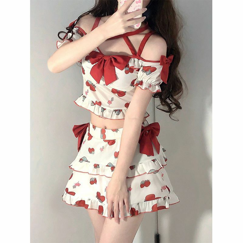 여성 스커트 여름 카와이 소녀 달콤한 간단한 올 매치 한국 패션, 멋진 섹시하고 부드러운 슬림 보우 패치 워크 여성 티셔츠 세트