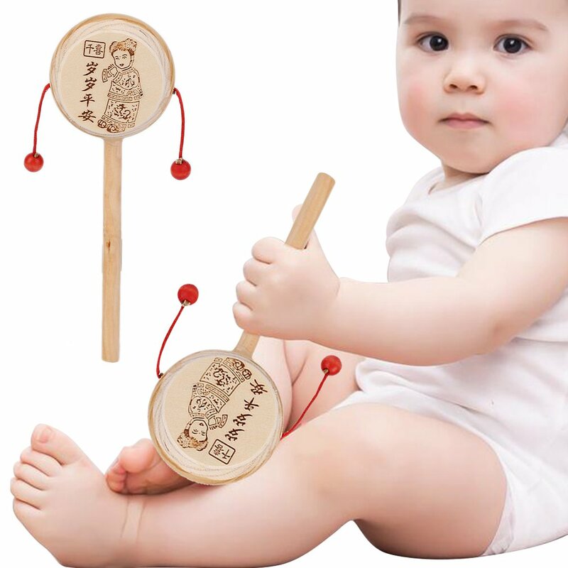 Sonajero giratorio tradicional chino de dibujos animados de madera, campana de mano de tambor, Juguete Musical para bebé