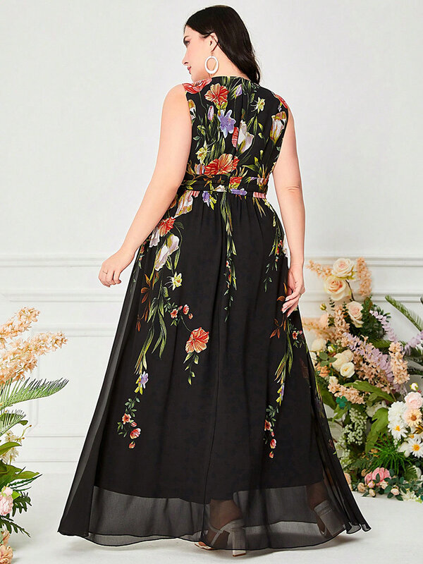 TOLEEN 2024 nowa letnia odzież damska Plus Size seksowna z dekoltem w szpic w kwiatowy wzór szyfon na co dzień elegancka wieczorowa suknia wieczorowa
