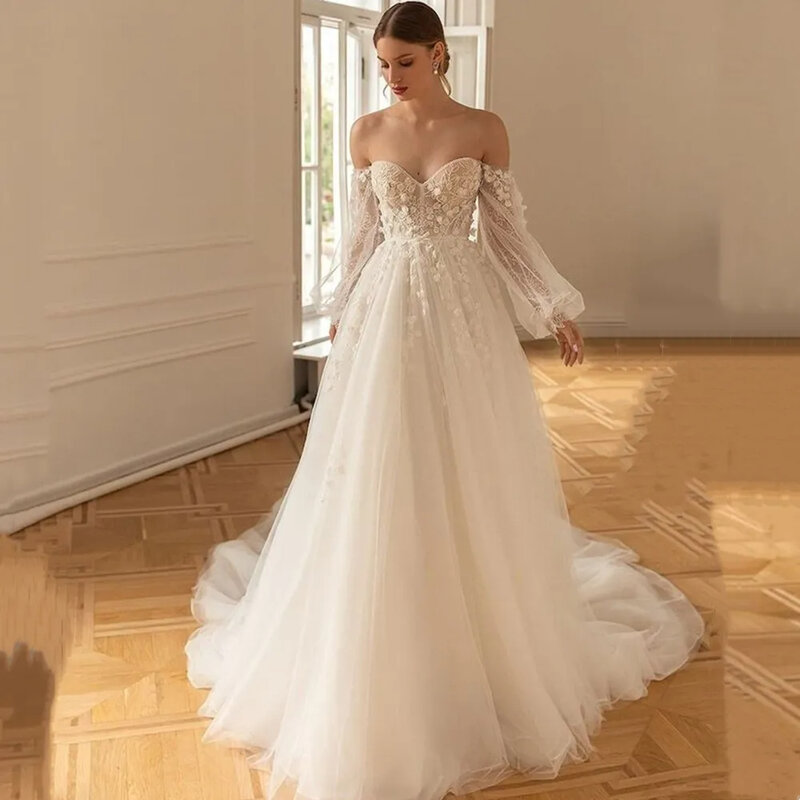 Роскошные свадебные платья а-силуэта с открытыми плечами, кружевное платье с длинными рукавами-фонариками для милой невесты, иллюзионное свадебное платье с открытой спиной