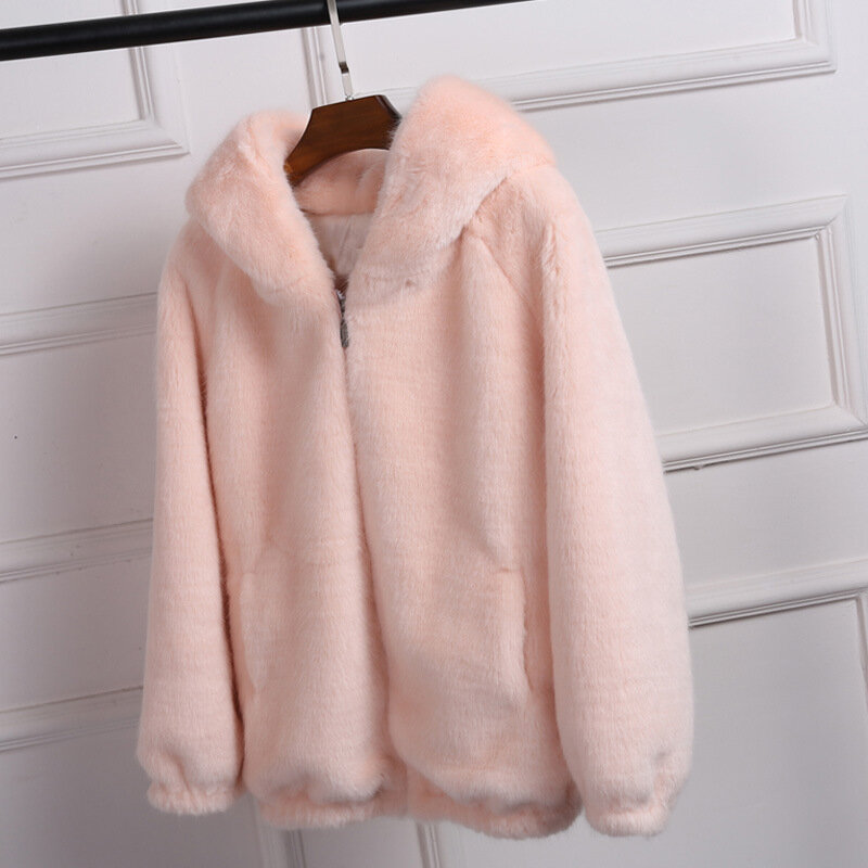 Jaqueta artificial com capuz para mulheres, Outwear macio para senhora, cinza branco, imitação de coelho rosa, casaco falso de vison, inverno