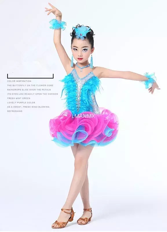 Children Professional Latin Dance Dress for Girls Ballroom Dance Competition Dresses sequin featherNew fringed Latin dance dress