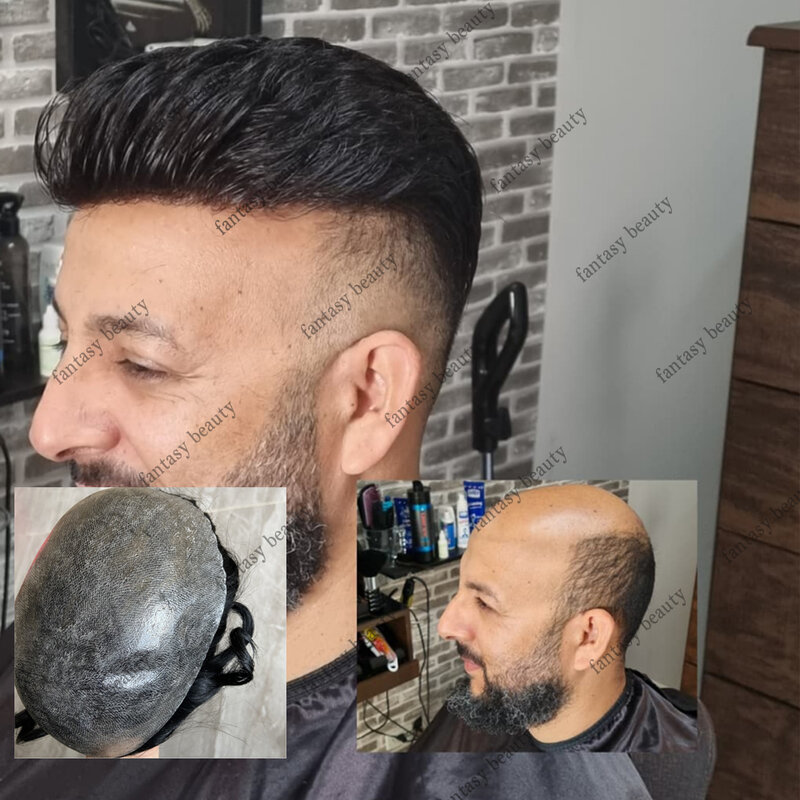Natural Hairline Toupee para homens, 100% peruca de cabelo humano Microskin Hairpieces, Super Durável Pele Fina, Full PU Capilar, Unidade de Prótese