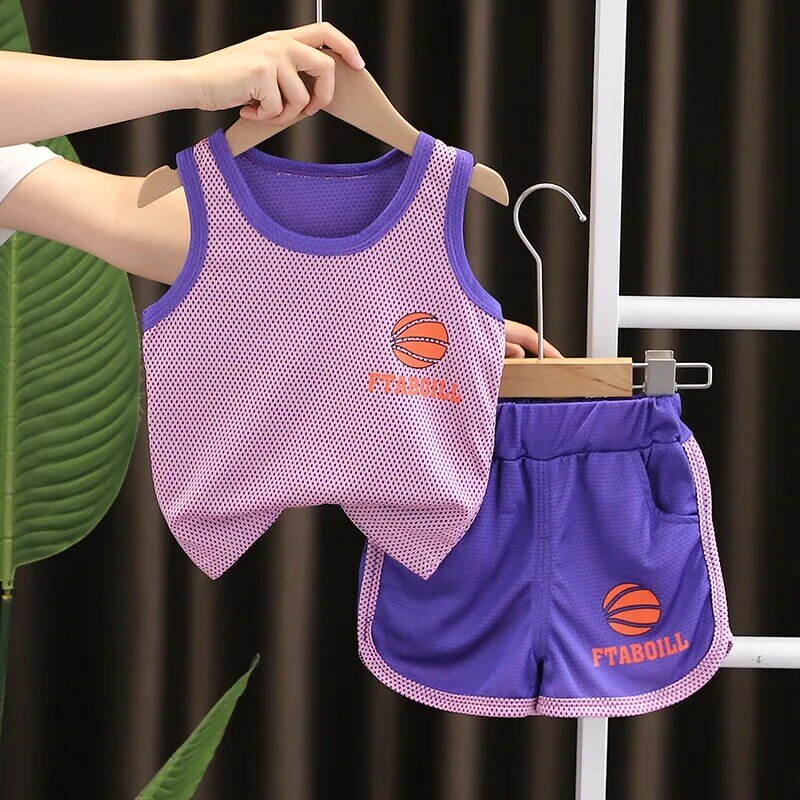 ชุดวอร์ม2ชิ้นกางเกงขาสั้น rompi Basket สำหรับเด็กผู้ชายชุดออกกำลังกายเสื้อผ้าเด็กอ่อน Baju Bayi perempuan ฤดูร้อน