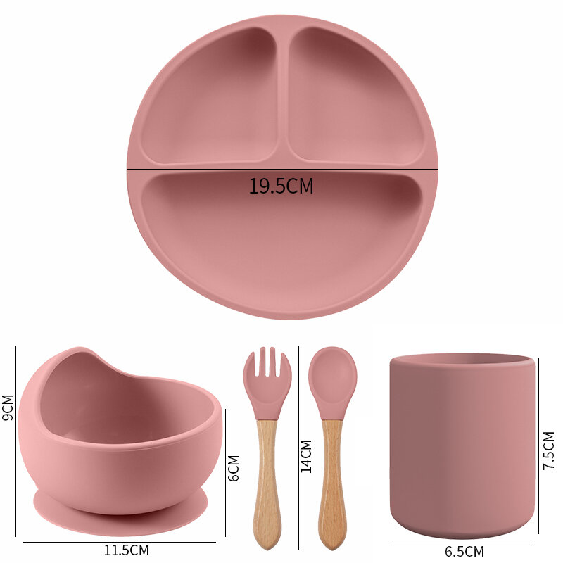 Zestaw stołowy silikonowa dla dzieci bez BPA z podzielonymi talerzami miski do karmienia kubek ze słomką i łyżeczką do treningu malucha