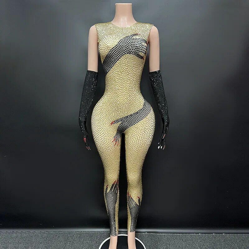 Black Hands Touch Shinny Body seksi wanita Jumpsuit Bodysuit wanita dengan gaun sarung tangan pakaian panggung mewah berlian imitasi pesta jumpsuit