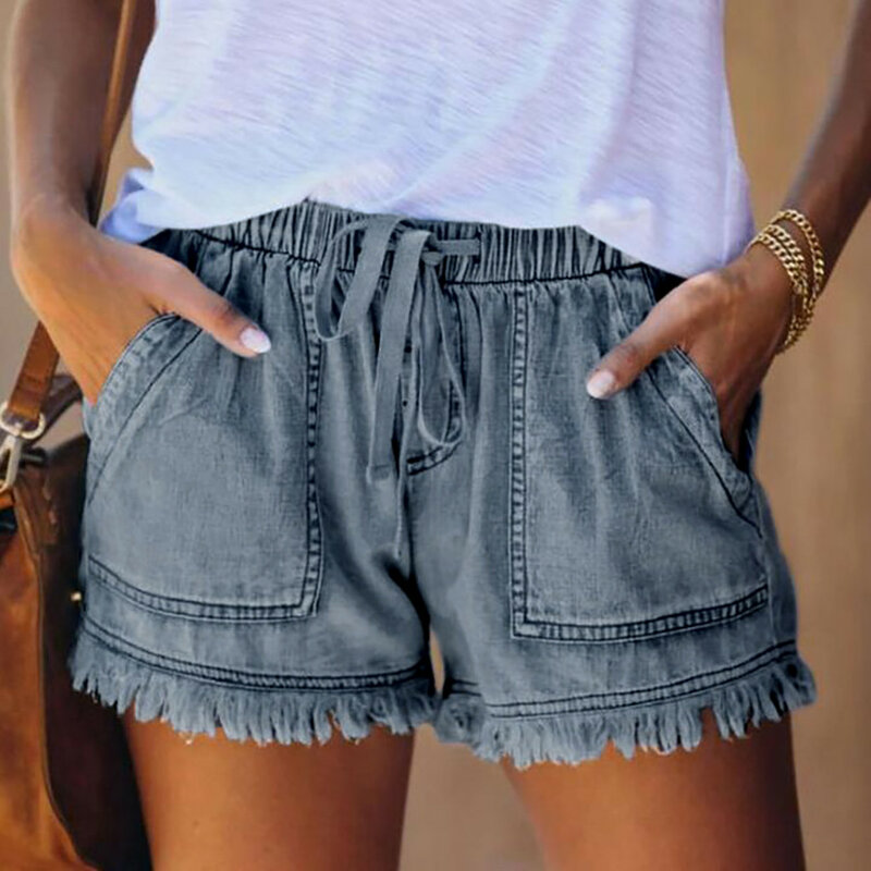 2024กางเกงขาสั้นสตรีลำลองแฟชั่นใหม่ฤดูร้อน celana pendek DENIM กระเป๋า Comfort แบบผูกเชือกเอวยางยืดมีพู่ห้อยทรงหลวม celana pendek DENIM