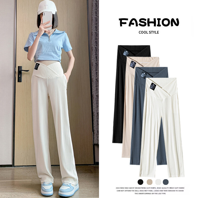 Maternity Straight Pants Summer Thin Cool Cotton Low Waist U Belly Clothes For Pregnant Women Wide Leg Loose Pregnancy Trousers