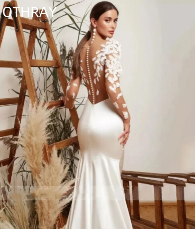 Gaun pengantin applique lengan panjang gaun pesta pantai Formal elegan 2024 gaun pernikahan putri duyung punggung terbuka ilusi gaun pengantin wanita