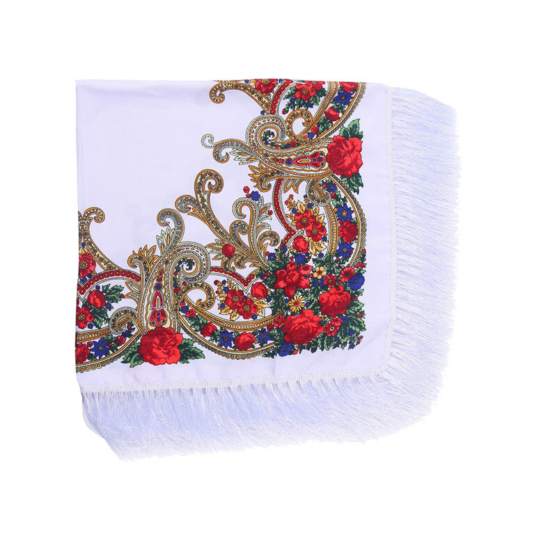 Syal persegi Rusia 100x100cm syal berjumbai motif bunga mewah untuk wanita syal Bandana saputangan Babushka bungkus kepala