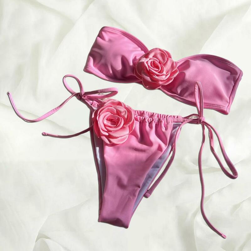 Solidny kolorowy strój kąpielowy z kwiatami 3d w kwiaty zestaw Bikini Bandeau ze sznurowanymi fiszkami kąpielowymi dla kobiet solidne kolorowy strój kąpielowy do szybkiego