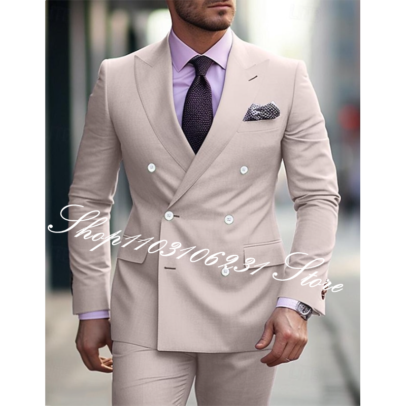 Burgundy Business Men's Suit Slim Fit Double Breasted Jacket Pants 2-piece Formal Office Blazer Groom Tuxedos Trajes De Hombre