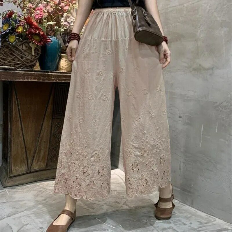 Women's 2024 New Fashion Solid Color Hollow Pure Cotton Embroidered Wide Legged Loose and Retro Nine Split Straight Leg Pants