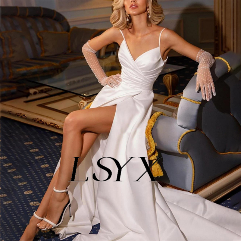 LSYX viene con guantes, vestido de novia sin mangas con cuello en V, plisado de satén, línea A, abertura lateral alta, tren de corte, vestido de novia hecho a medida