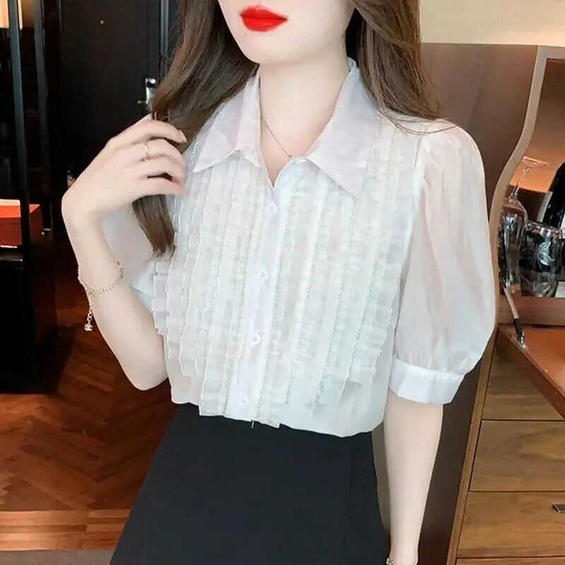 Summer New Minimalist Solid Color Short Sleeved Chiffon Women Shirt French Casual Versatile Female Blouses