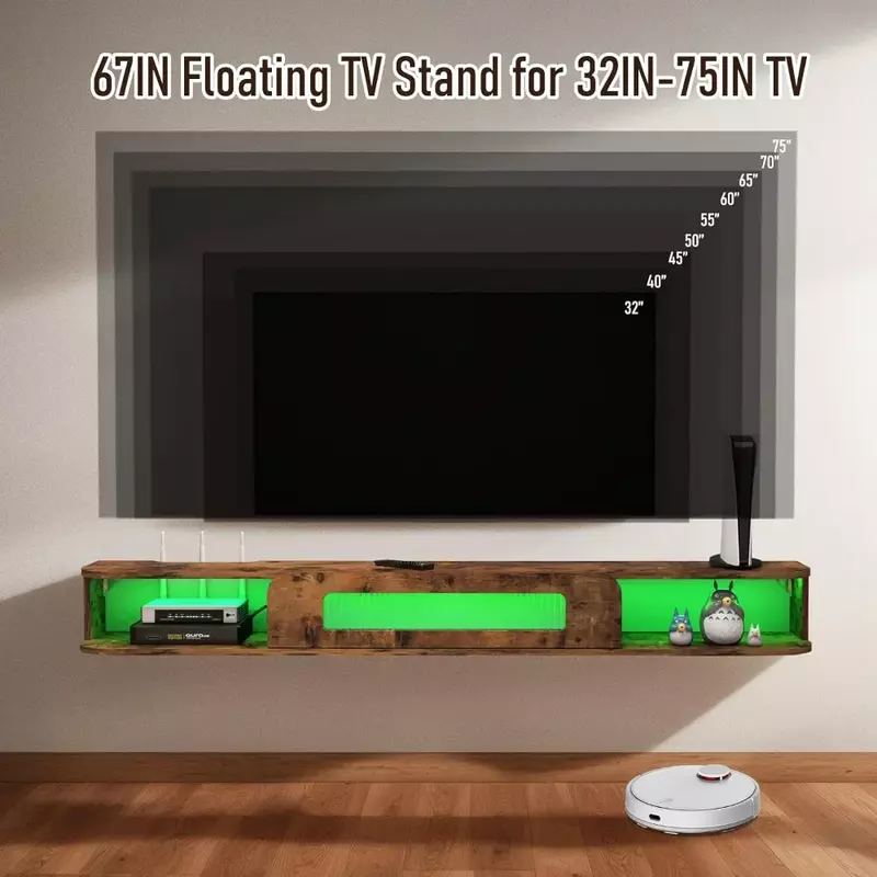Muur Tv-Standaard Met Led-Verlichting, 67 ''Wanden Gemonteerde Tv-Kasten Met Glazen Deur En 2 Kasten, Muur Tv-Standaard